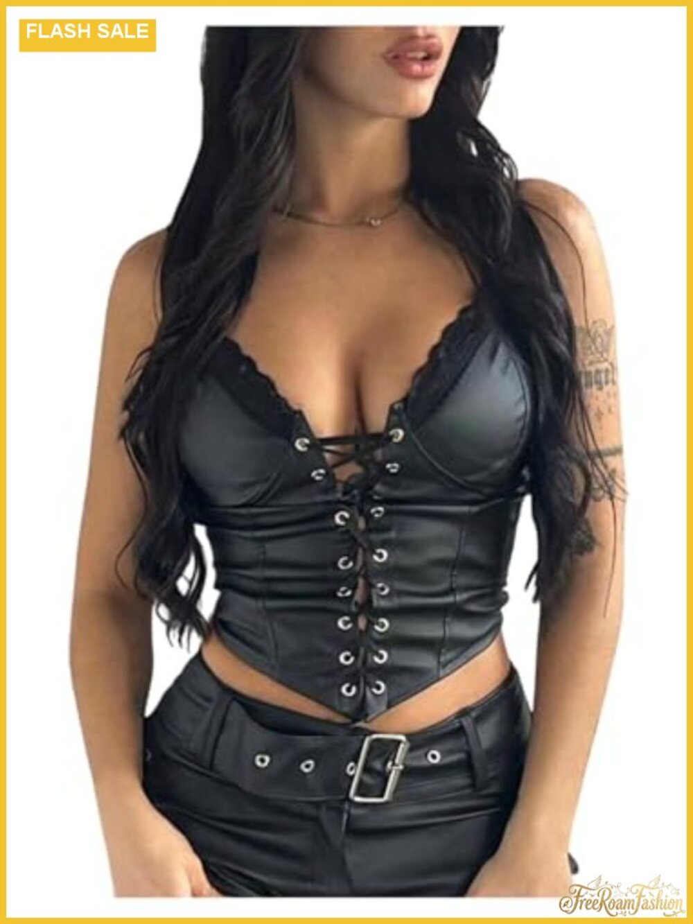 Faux Leather Lace Up Corset Bustier Crop Top Goth Clubwear
